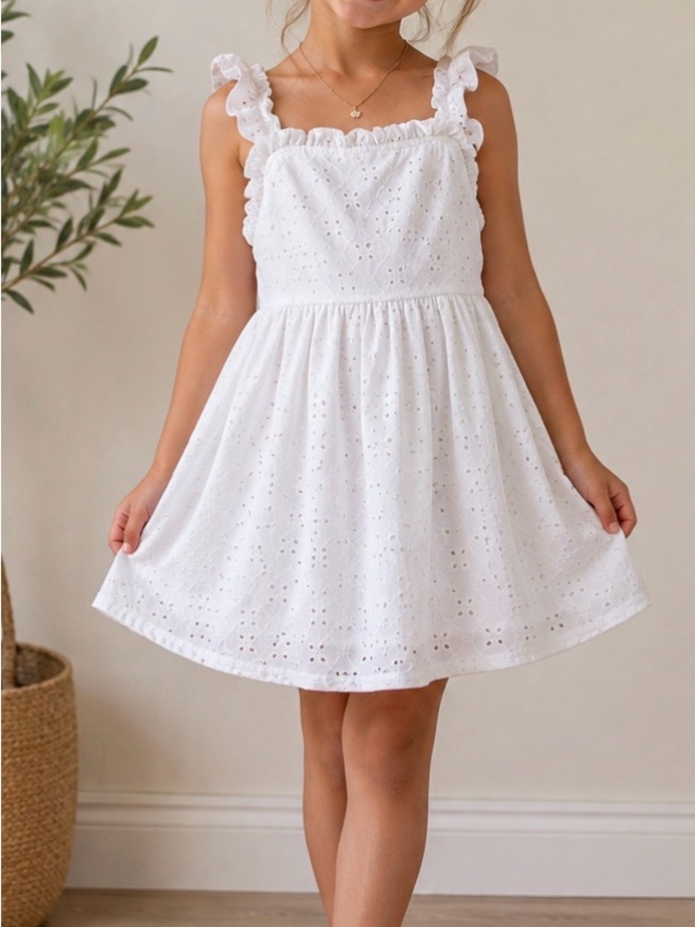 Three Pink Hearts White Eyelet Ruffle Mini Dress Size M Cottagecore